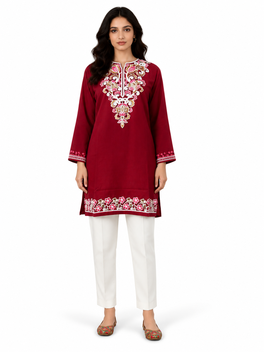 Noor : Aari embroidery summer kurti | Dark Red